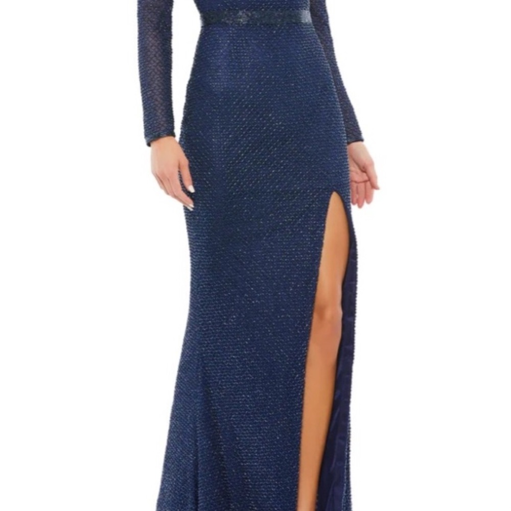 Mac Duggal Sparkling Midnight Blue Gown, Long sleeve, beaded